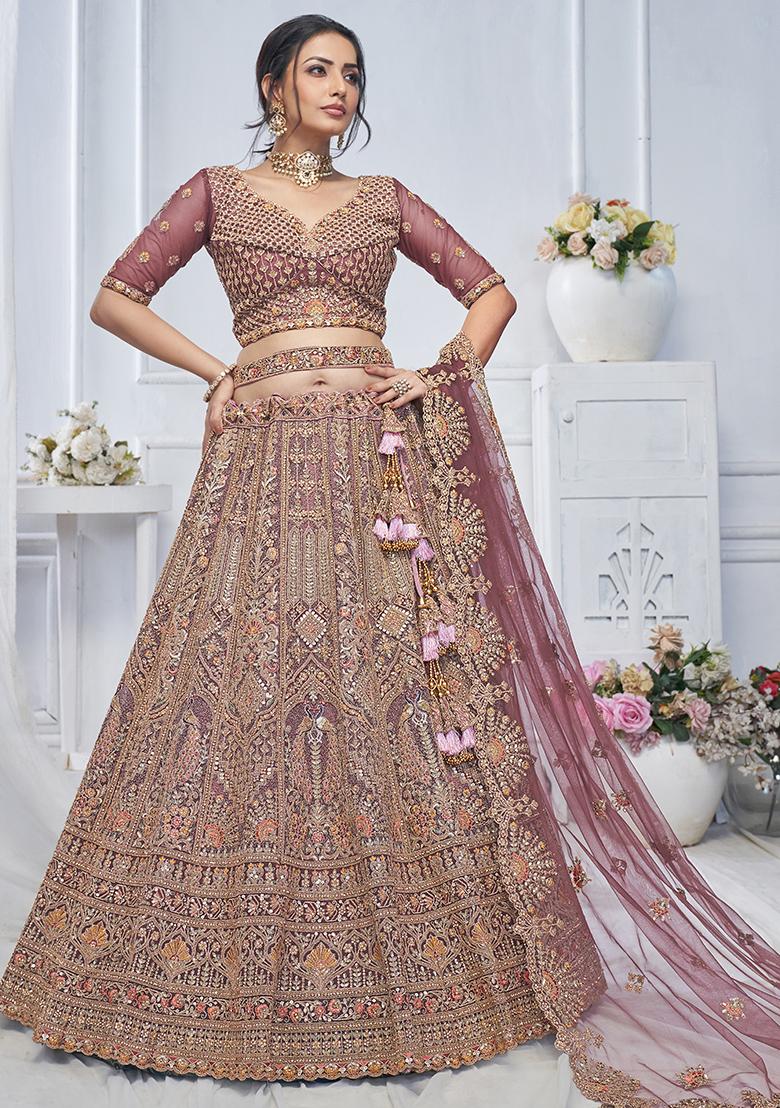 Onion Pink Paisley Motifs Embroidered Soft Net Lehenga Set