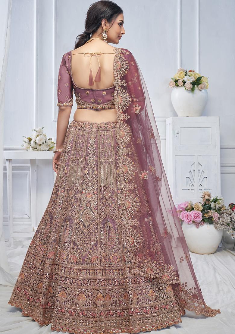 Onion Pink Paisley Motifs Embroidered Soft Net Lehenga Set