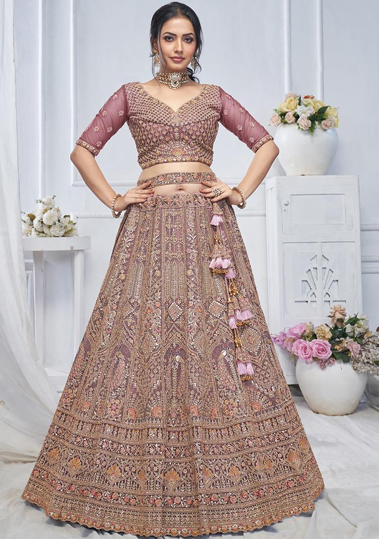 Onion Pink Paisley Motifs Embroidered Soft Net Lehenga Set