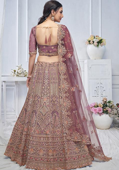 Onion Pink Paisley Motifs Embroidered Soft Net Lehenga Set
