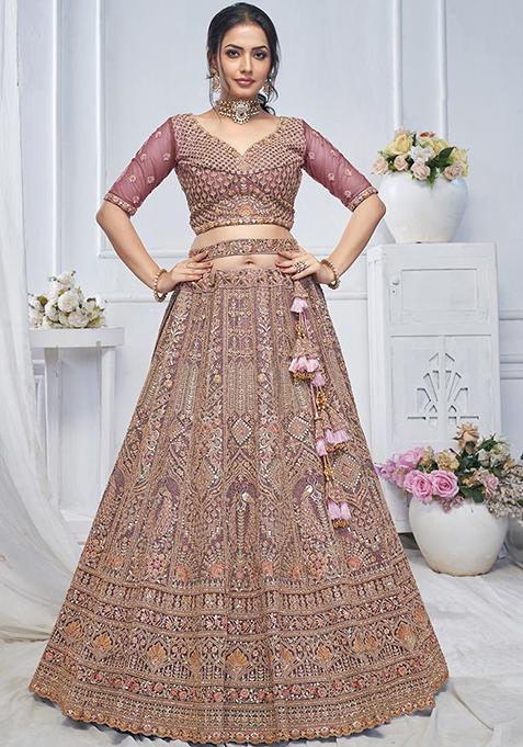 Onion Pink Paisley Motifs Embroidered Soft Net Lehenga Set