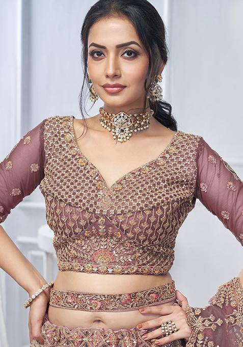 Onion Pink Paisley Motifs Embroidered Soft Net Lehenga Set