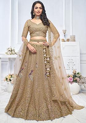 Brown Paisley Floral Embroidered Soft Net Lehenga Set