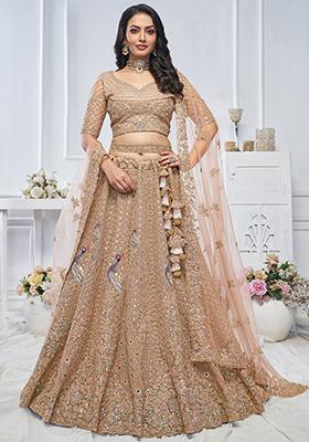 Mustard Floral Motifs Embroidered Soft Net Lehenga Set