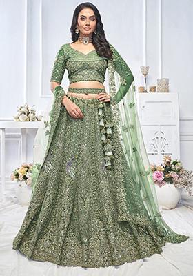 Green Floral Motifs Embroidered Soft Net Lehenga Set