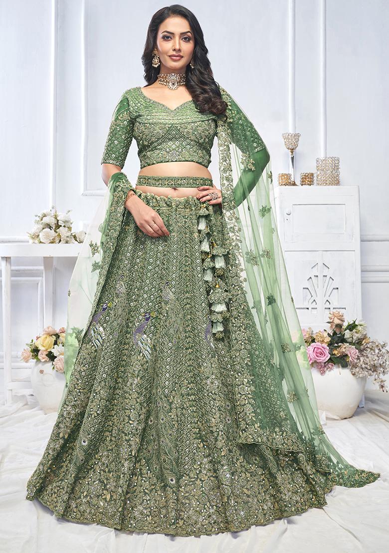 Green Floral Motifs Embroidered Soft Net Lehenga Set