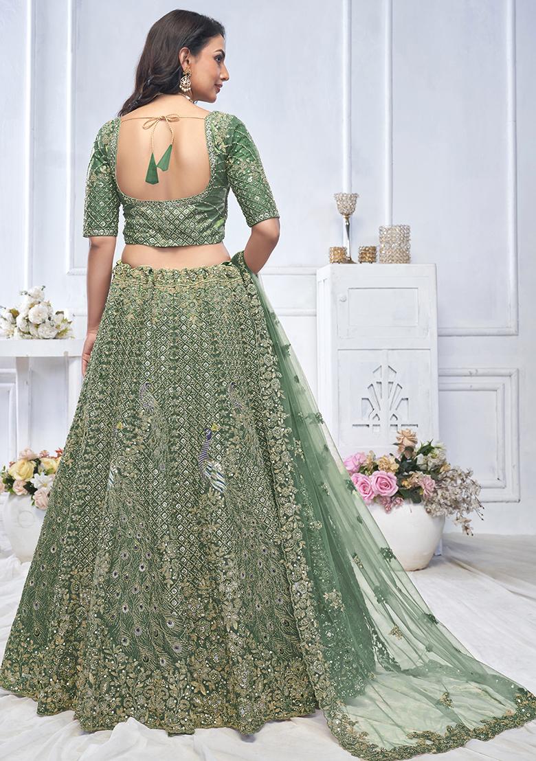 Green Floral Motifs Embroidered Soft Net Lehenga Set