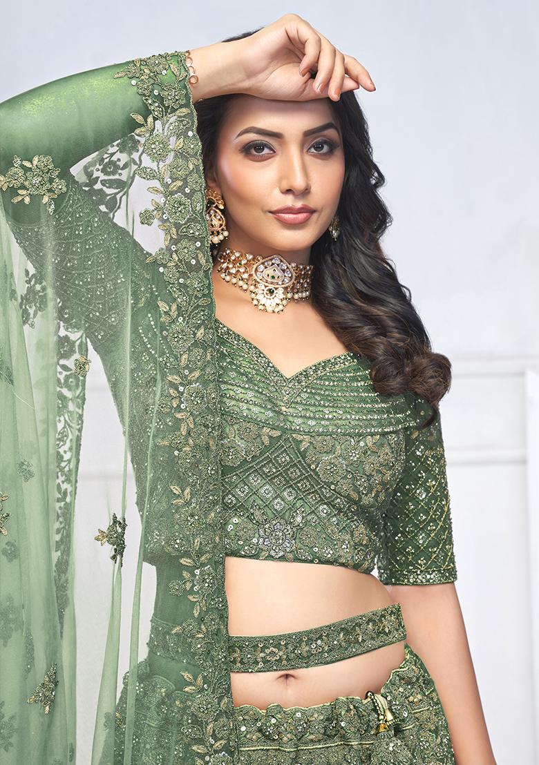 Green Floral Motifs Embroidered Soft Net Lehenga Set