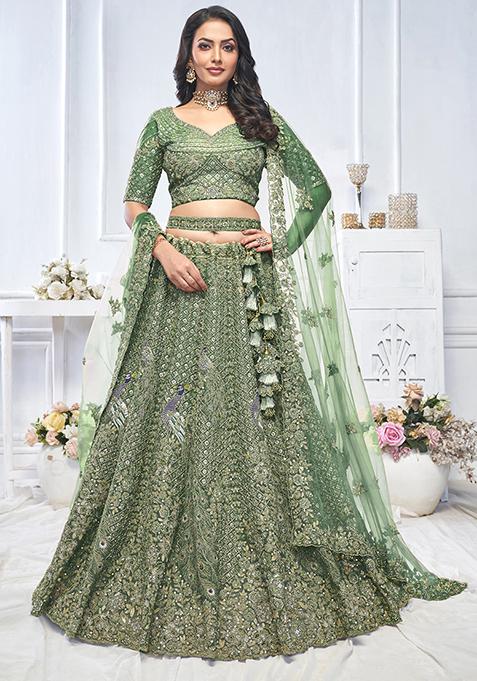 Green Floral Motifs Embroidered Soft Net Lehenga Set