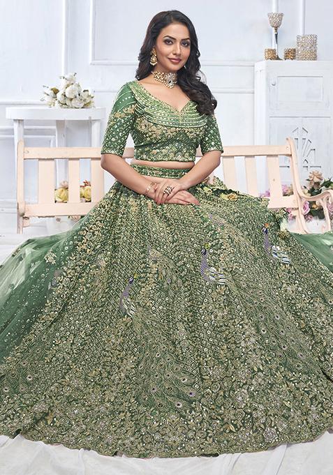 Green Floral Motifs Embroidered Soft Net Lehenga Set