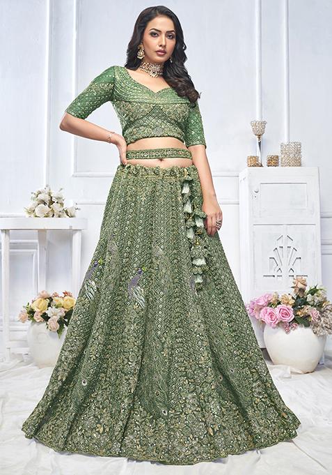 Green Floral Motifs Embroidered Soft Net Lehenga Set