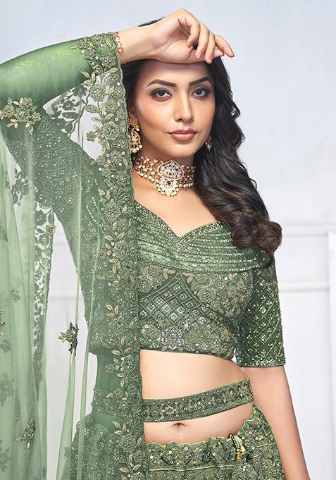 Green Floral Motifs Embroidered Soft Net Lehenga Set