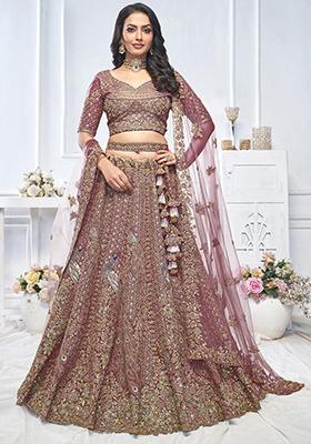 Dark Purple Floral Motifs Embroidered Soft Net Lehenga Set