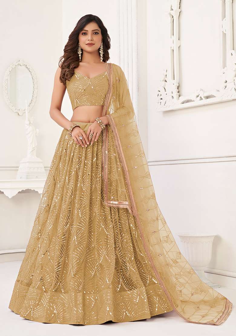 Beige Sequin Thread Embroidered Net Lehenga Set - Indya