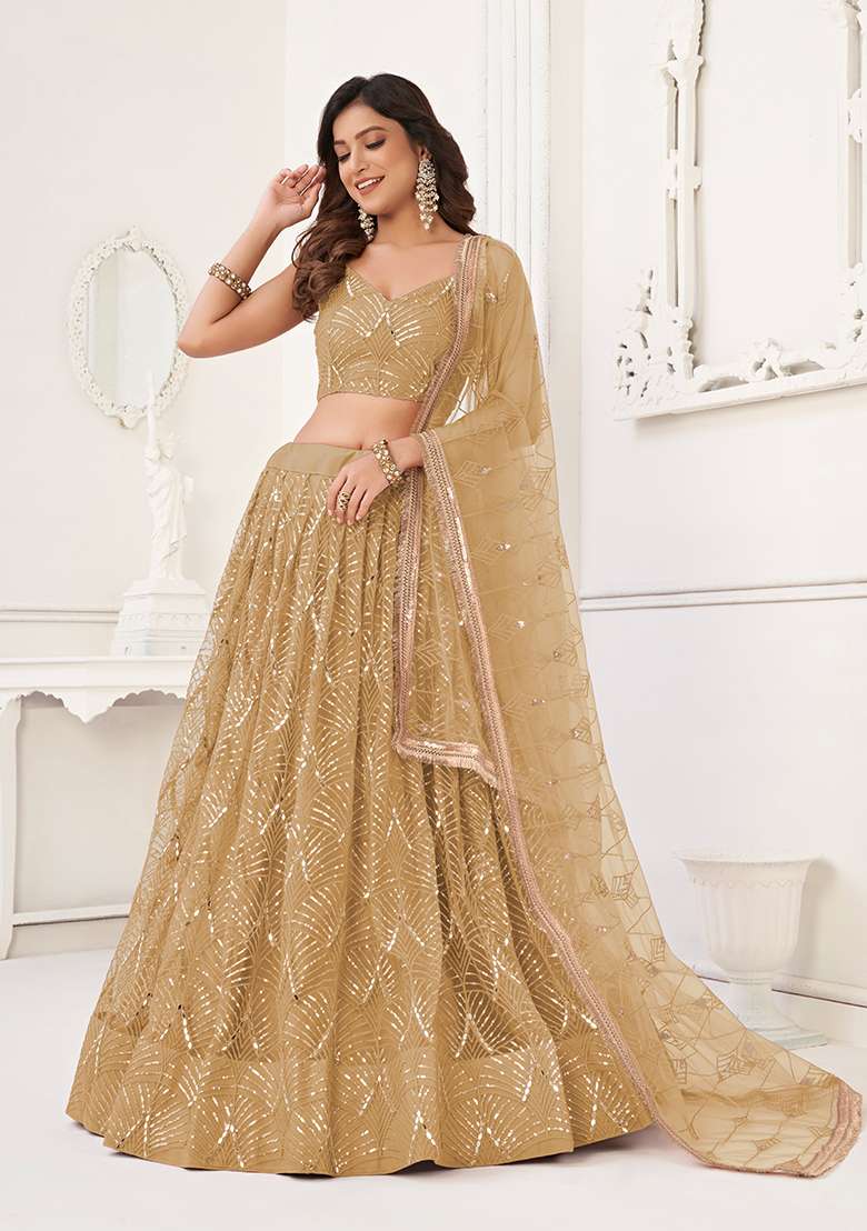 Beige Sequin Thread Embroidered Net Lehenga Set - Indya