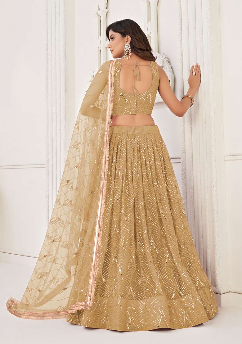 Beige Sequin Thread Embroidered Net Lehenga Set - Indya