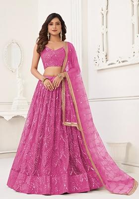 Pink Sequin Thread Embroidered Net Lehenga Set