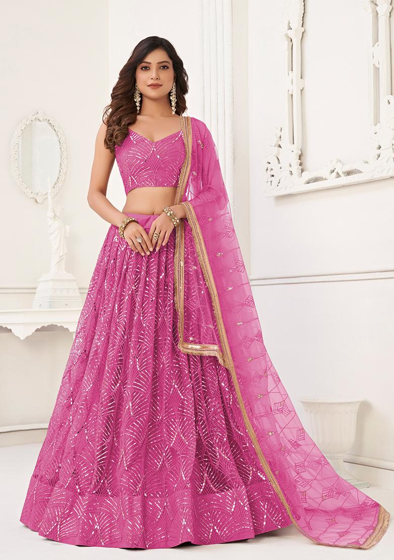 Pink Sequin Thread Embroidered Net Lehenga Set