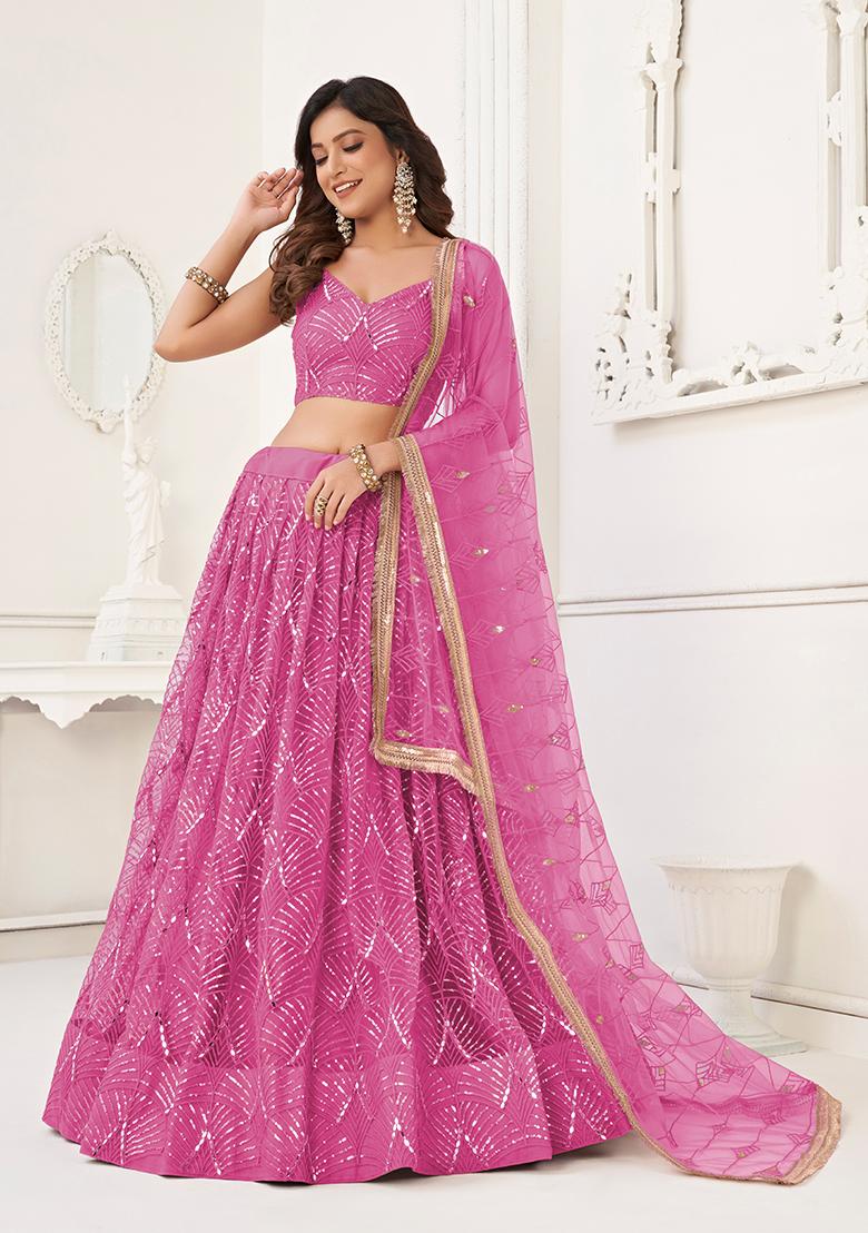 Pink Sequin Thread Embroidered Net Lehenga Set
