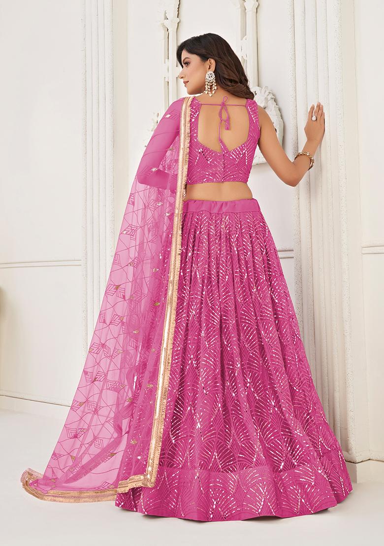 Pink Sequin Thread Embroidered Net Lehenga Set