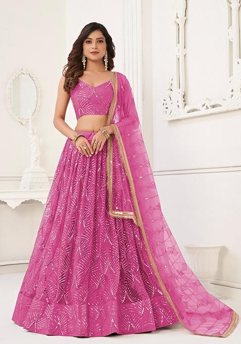 Pink Sequin Thread Embroidered Net Lehenga Set