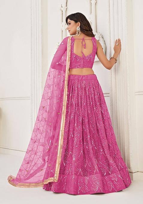 Pink Sequin Thread Embroidered Net Lehenga Set