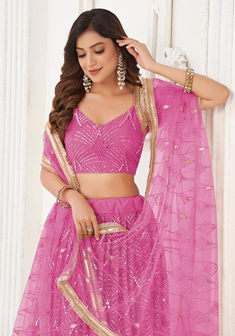 Pink Sequin Thread Embroidered Net Lehenga Set