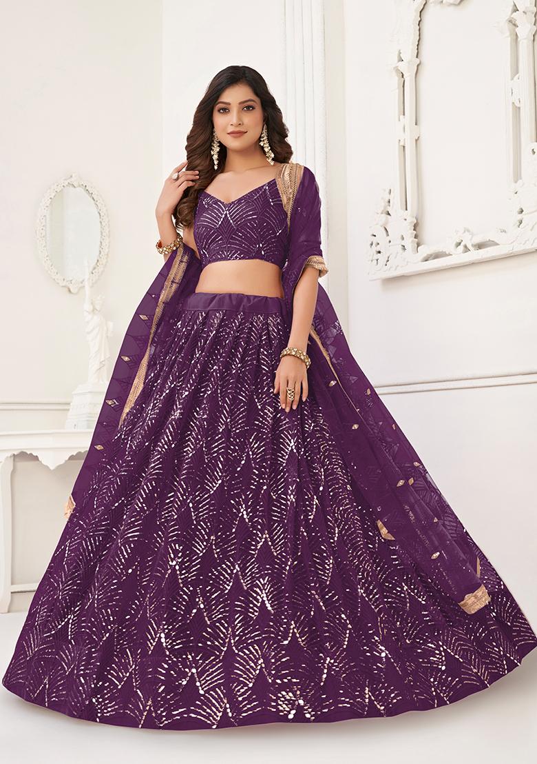 Purple Sequin Thread Embroidered Net Lehenga Set