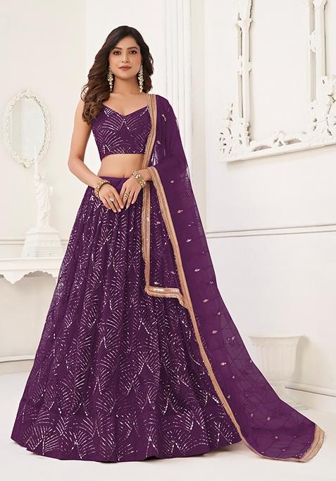 Purple Sequin Thread Embroidered Net Lehenga Set