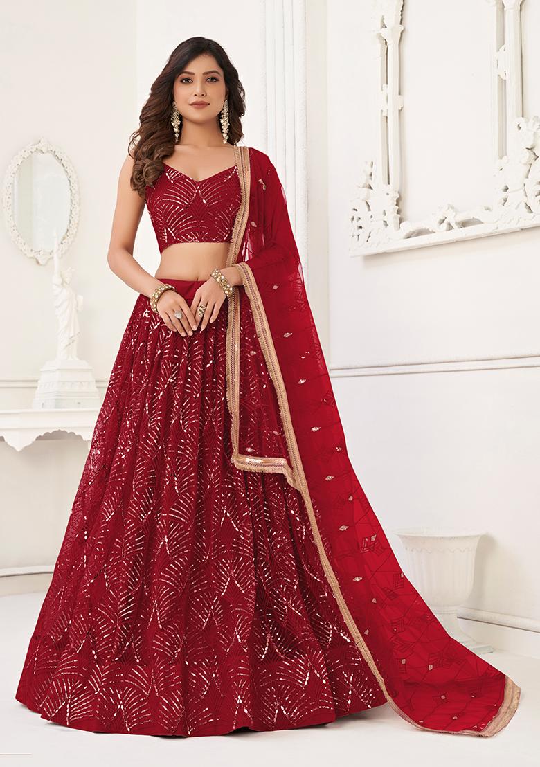 Maroon Sequin Thread Embroidered Net Lehenga Set