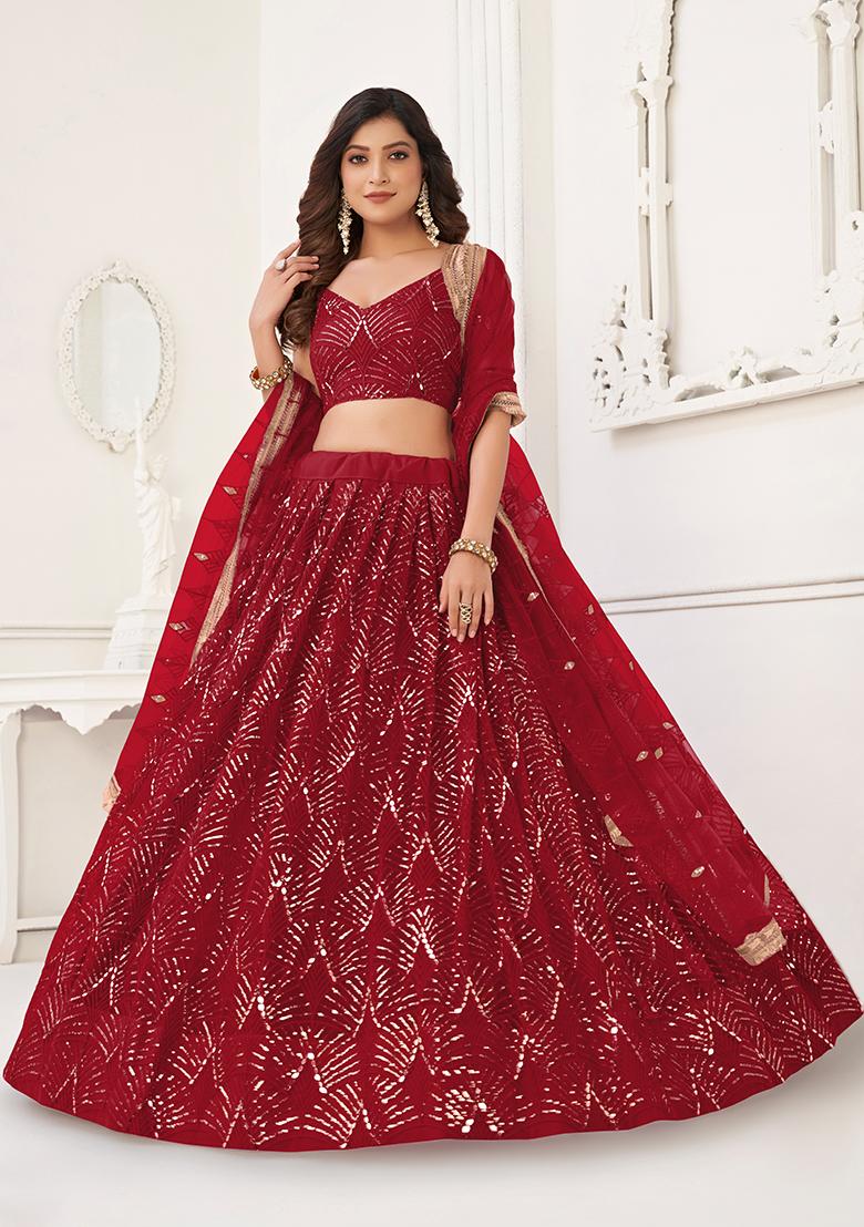Maroon Sequin Thread Embroidered Net Lehenga Set