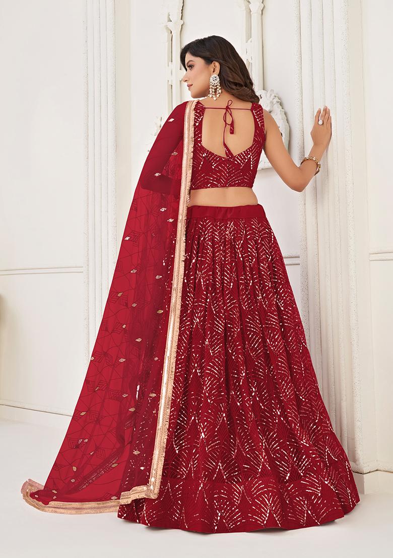 Maroon Sequin Thread Embroidered Net Lehenga Set