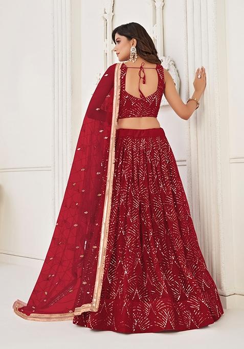 Maroon Sequin Thread Embroidered Net Lehenga Set