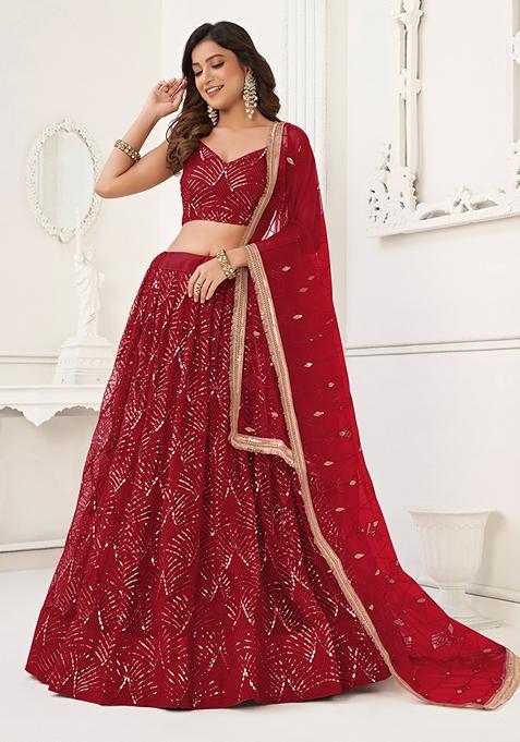 Maroon Sequin Thread Embroidered Net Lehenga Set
