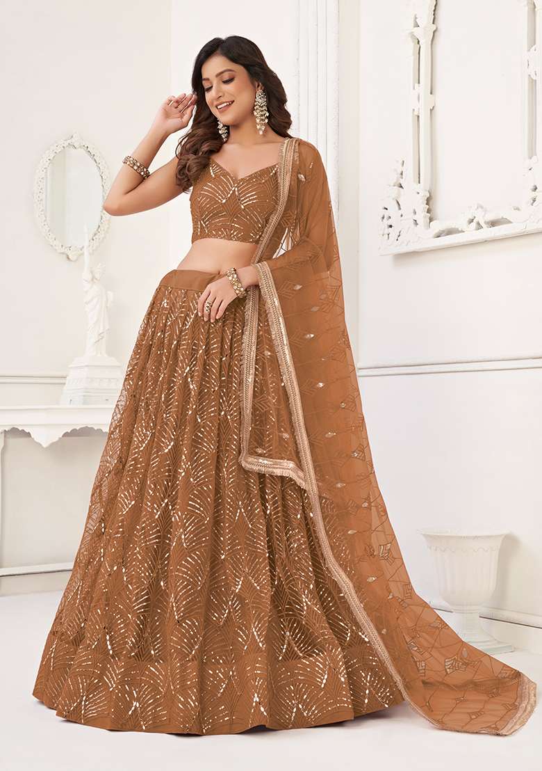 Brown Sequin Thread Embroidered Net Lehenga Set - Indya