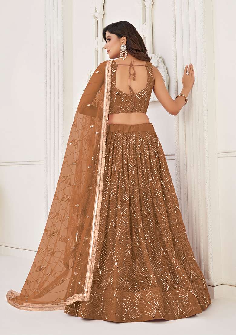 Brown Sequin Thread Embroidered Net Lehenga Set - Indya
