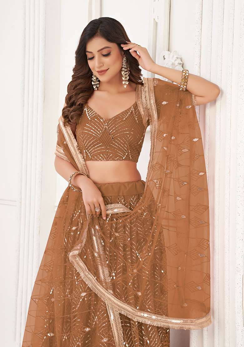 Brown Sequin Thread Embroidered Net Lehenga Set - Indya