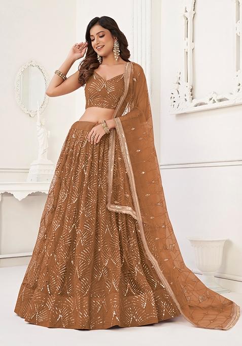 Brown Sequin Thread Embroidered Net Lehenga Set