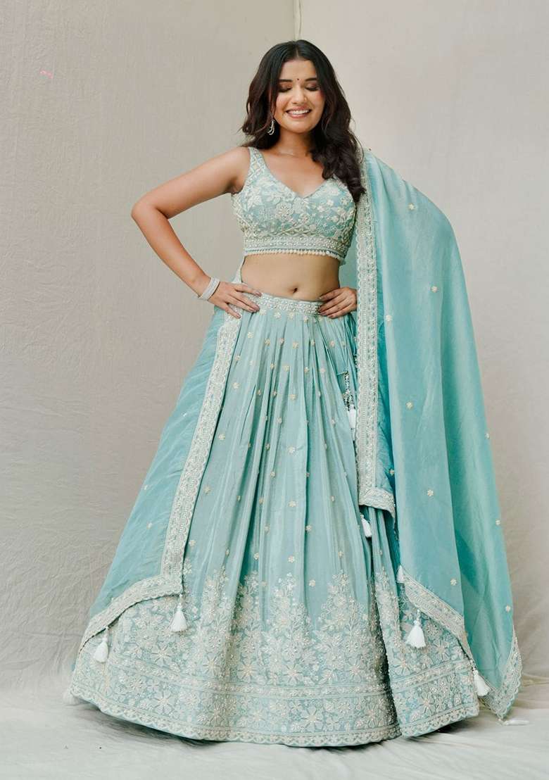Sky Blue Sequin Thread Embroidered Roman Silk Lehenga Set - Indya