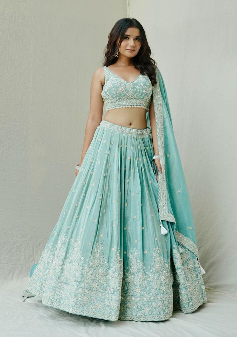 Sky Blue Sequin Thread Embroidered Roman Silk Lehenga Set