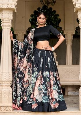 Black Printed Tussar Silk Lehenga Set