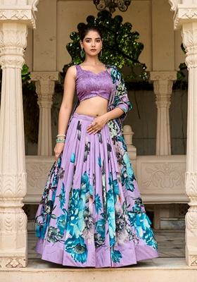 Lavender Printed Tussar Silk Lehenga Set