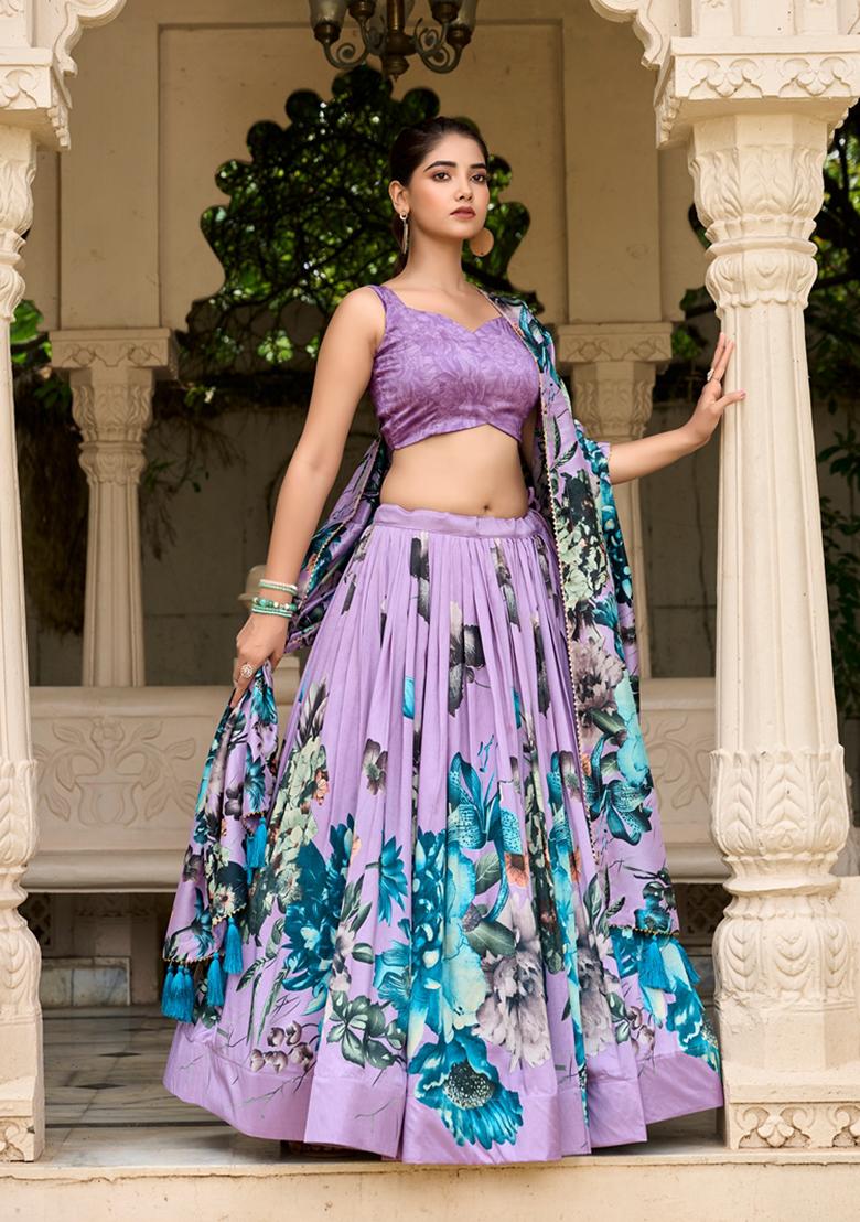 Lavender Printed Tussar Silk Lehenga Set
