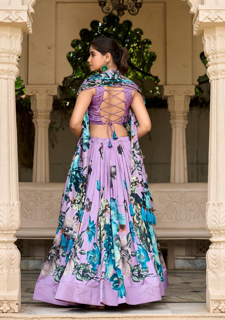 Lavender Printed Tussar Silk Lehenga Set