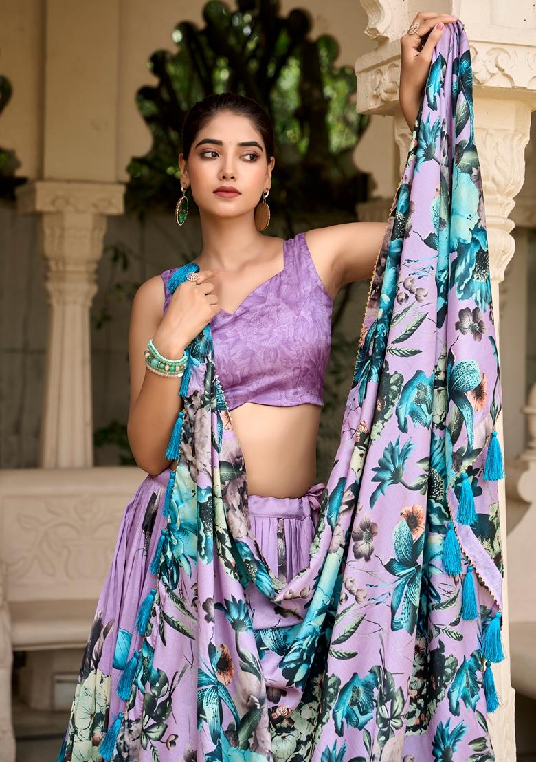 Lavender Printed Tussar Silk Lehenga Set