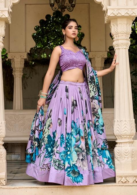 Lavender Printed Tussar Silk Lehenga Set
