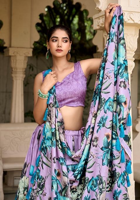 Lavender Printed Tussar Silk Lehenga Set
