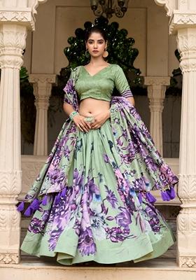 Pista Green Printed Tussar Silk Lehenga Set
