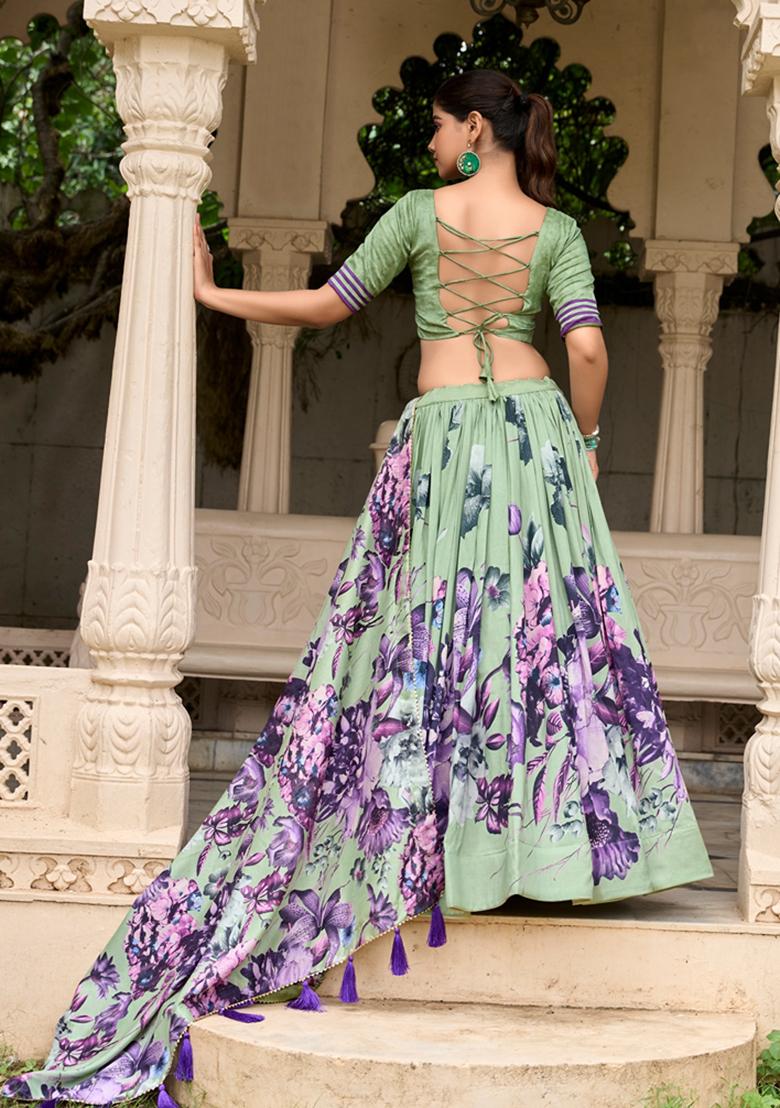 Pista Green Printed Tussar Silk Lehenga Set