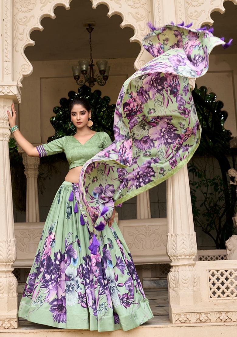Pista Green Printed Tussar Silk Lehenga Set